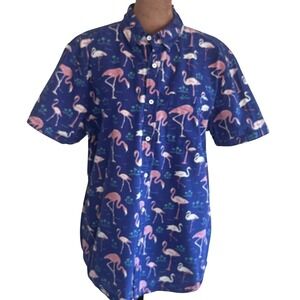 Vibrant Flamingo Print Men's Casual Shirt - Blue and Pink